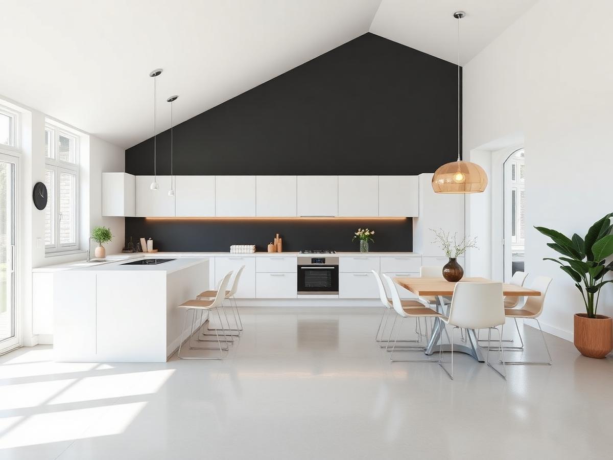 Cuisine ouverte repeinte en blanc avec mur d'accent foncé